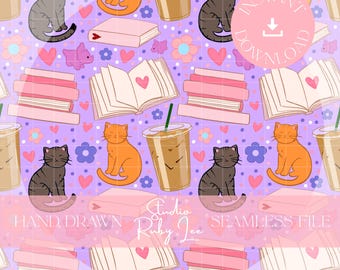 Katzen, Kaffee, & Bücher Nahtloses digitales Muster für den kommerziellen Gebrauch