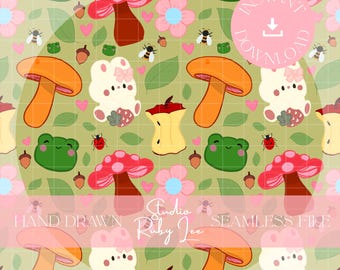 Kawaii Wald Frösche und Pilze nahtlose digitale Muster für den kommerziellen Gebrauch