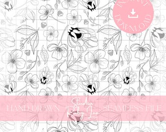 Transparente Blumenlinie Kunst nahtlose digitales Muster für den kommerziellen Gebrauch | Blühender Hartriegel