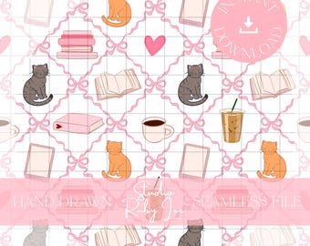 Kaffee, Katzen, & Kokette Bänder Nahtloses digitales Muster für den kommerziellen Gebrauch