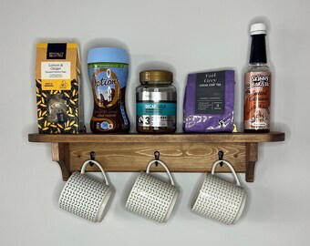 Modern Rustic Coffee & Tea Shelf with 3 Hooks – Wall Mounted Wooden Mug Organizer