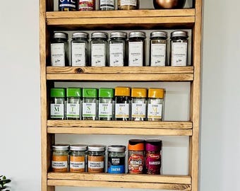 Handmade rustic wooden spice rack made with reclaimed materials with a choice of finishes