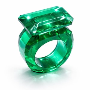 Peut inclure: Une grande bague vert émeraude avec une monture rectangulaire. Le corps de la bague présente un design à facettes, et la pierre est surélevée. La bague est faite d'un matériau transparent.
