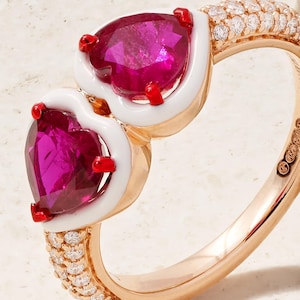 Double Heart Ruby Ring – 14K Gold Diamond Accent Ring