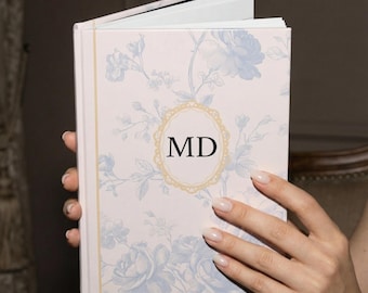 Personalisiertes blaues Hardcover-Notizbuch mit Blumen - Kundenspezifisches Anfangsnotizbuch