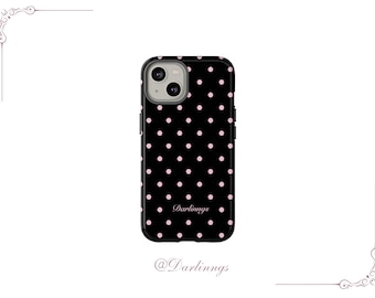 Black Phone Case | Soft Pink Polka Dots, Protective Dual-Layer