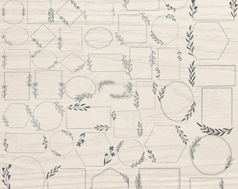 May include: A collection of hand-drawn floral frames in various shapes, including circles, squares, and hexagons. Each frame is adorned with delicate leaves and flowers, perfect for digital art or invitations. The frames are in a dark gray color against a light wood grain background.