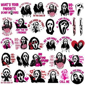 Peut inclure: Une collection de graphiques sur le thème de Scream en noir et blanc avec des accents roses. Les motifs incluent le masque de Ghostface, des téléphones, des couteaux et des cœurs. Le texte comprend des phrases telles que "No You Hang Up", "Call Me" et "What's Your Favorite Scary Movie!"
