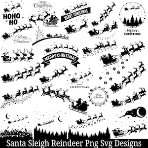 Può includere: Disegni natalizi in bianco e nero con Babbo Natale su una slitta trainata da renne. Include testi come "Merry Christmas" e "Ho Ho Ho", oltre a scatole regalo, stelle e alberi. È presente anche la frase "Santa Sleigh Reindeer Png Svg Designs".
