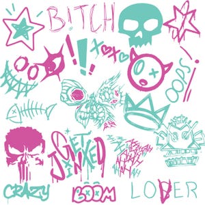 May include: A white background is covered in teal and magenta graffiti-style illustrations. Designs include a skull, star, crown, and exclamation marks. The image also features the words "BITCH", "CRAZY", "GET JINXED", "BOOM", and "LOVER".