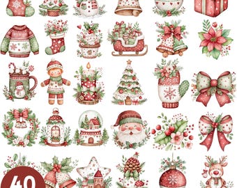 Paquete de imágenes prediseñadas de Feliz Navidad: adornos, Papá Noel, coronas (PNG)
