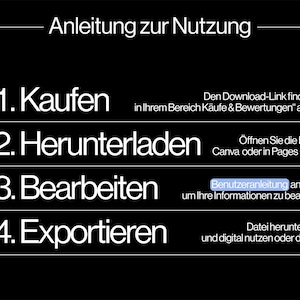 May include: A black and white graphic with instructions titled "Anleitung zur Nutzung". Steps include "Kaufen", "Herunterladen", "Bearbeiten", and "Exportieren". Text provides details on finding the download link, opening files, and using the information.
