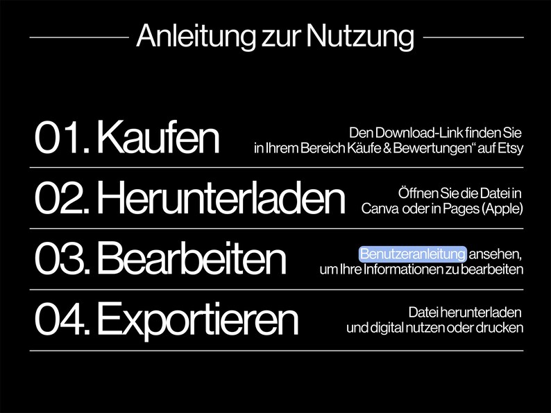 May include: A black and white graphic with instructions titled "Anleitung zur Nutzung". Steps include "Kaufen", "Herunterladen", "Bearbeiten", and "Exportieren". Text provides details on finding the download link, opening files, and using the information.
