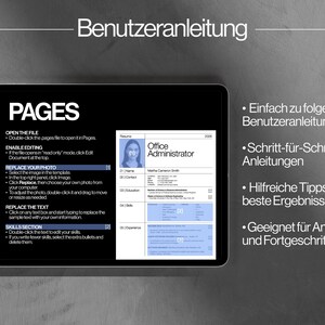 May include: A tablet displays a resume template with instructions in German. The screen shows the word "PAGES" and instructions on how to edit the document, including replacing the photo and text. The tablet is on a gray surface.