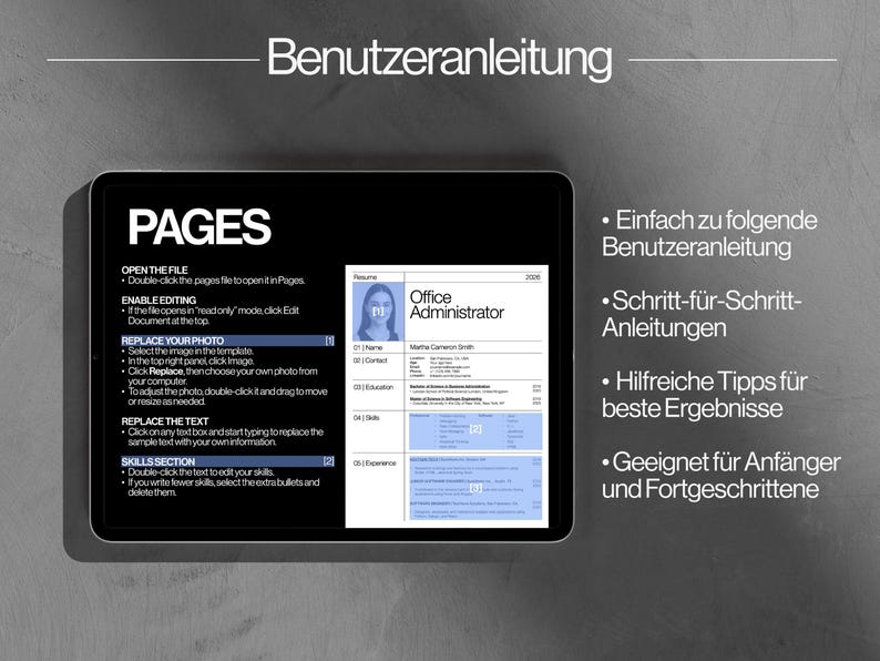 May include: A tablet displays a resume template with instructions in German. The screen shows the word "PAGES" and instructions on how to edit the document, including replacing the photo and text. The tablet is on a gray surface.