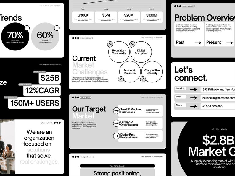 Modern business presentation template in Canva featuring 60+ professional slides for startup pitch deck, investor presentation, business plan presentation, and corporate strategy deck. Minimalist pitch deck template with infographics, charts, market analysis slides, financial overview, revenue model, sales forecast, competitive landscape, roadmap, and fully editable Canva presentation design for entrepreneurs and consultants.