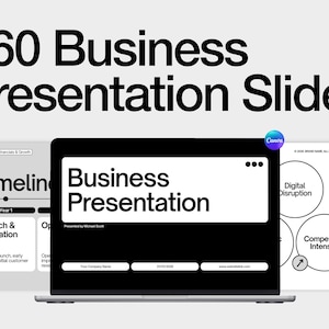 Modern business presentation template in Canva featuring 60+ professional slides for startup pitch deck, investor presentation, business plan presentation, and corporate strategy deck. Minimalist pitch deck template with infographics, charts, market analysis slides, financial overview, revenue model, sales forecast, competitive landscape, roadmap, and fully editable Canva presentation design for entrepreneurs and consultants.