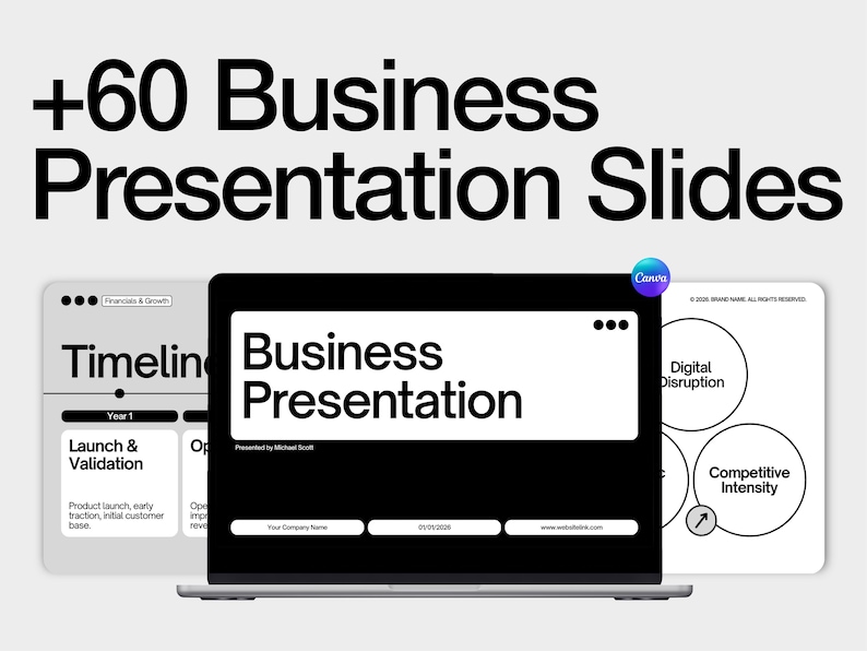 Modern business presentation template in Canva featuring 60+ professional slides for startup pitch deck, investor presentation, business plan presentation, and corporate strategy deck. Minimalist pitch deck template with infographics, charts, market analysis slides, financial overview, revenue model, sales forecast, competitive landscape, roadmap, and fully editable Canva presentation design for entrepreneurs and consultants.