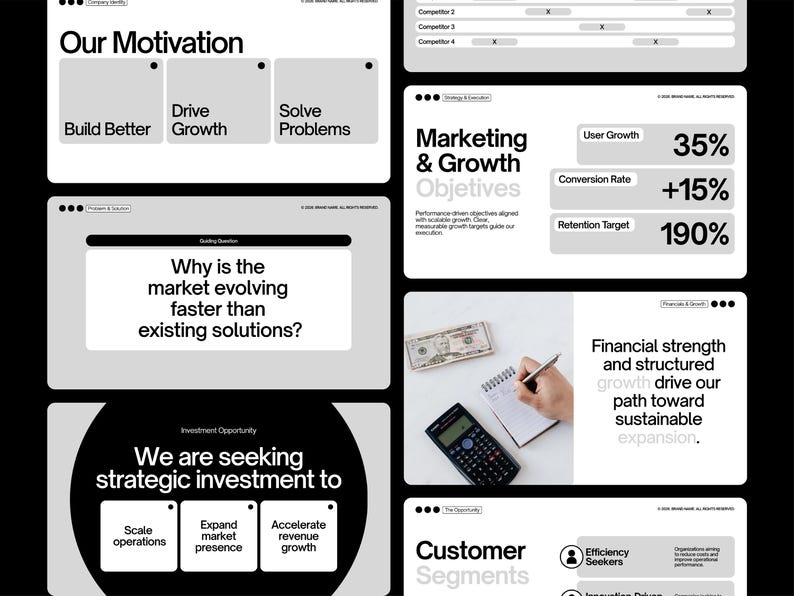 Modern business presentation template in Canva featuring 60+ professional slides for startup pitch deck, investor presentation, business plan presentation, and corporate strategy deck. Minimalist pitch deck template with infographics, charts, market analysis slides, financial overview, revenue model, sales forecast, competitive landscape, roadmap, and fully editable Canva presentation design for entrepreneurs and consultants.
