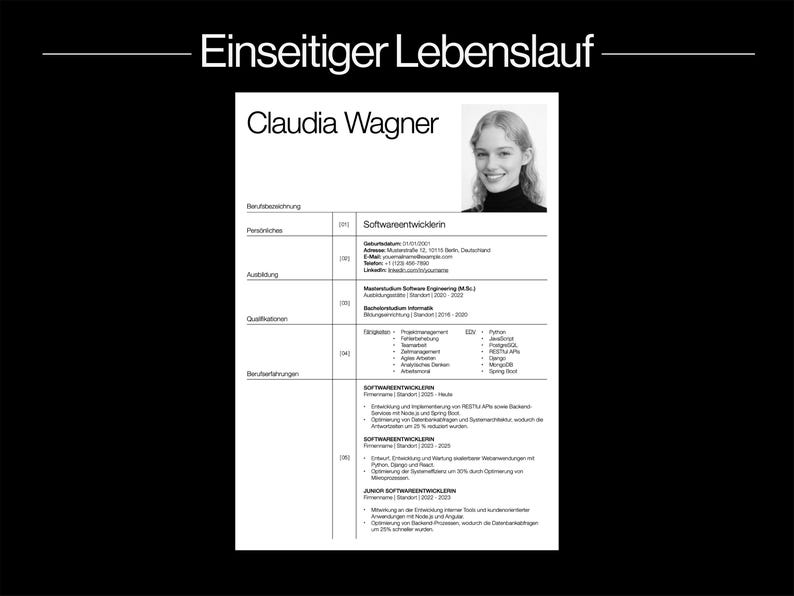 „Minimalistische Lebenslauf Vorlage Deutsch mit modernem, kreativem und schlichten Design, ideal für professionelle Bewerbungen. Diese professionelle Bewerbungsvorlage ist vollständig bearbeitbar in Mac Pages und Canva und eignet sich für kreative, moderne und strukturierte Lebensläufe. Inklusive passendem Anschreiben, ATS-freundlich, übersichtlich gestaltet und perfekt für Bewerber, die mit einer klaren, eleganten und professionellen Lebenslauf Vorlage überzeugen möchten