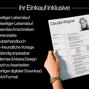 May include: A resume template with the name "Claudia Wagner" and the title "Softwareentwicklerin" is held by a person. The resume is on a white sheet of paper with black text. The image also includes a list of features in German.