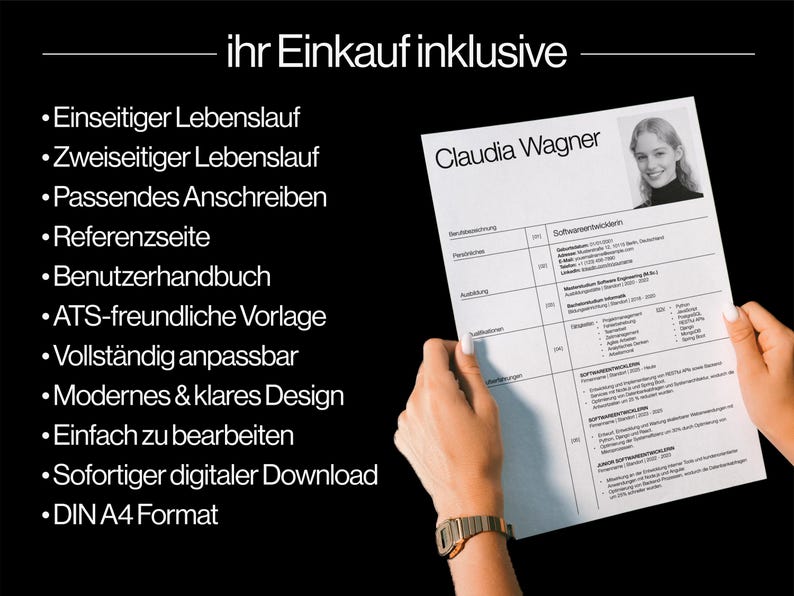 May include: A resume template with the name "Claudia Wagner" and the title "Softwareentwicklerin" is held by a person. The resume is on a white sheet of paper with black text. The image also includes a list of features in German.
