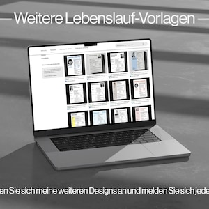 May include: A laptop displaying various resume templates. The screen shows multiple resume examples with headshots and text. The text at the top reads "Weitere Lebenslauf-Vorlagen" and at the bottom "Schauen Sie sich meine weiteren Designs an und melden Sie sich jederzeit".