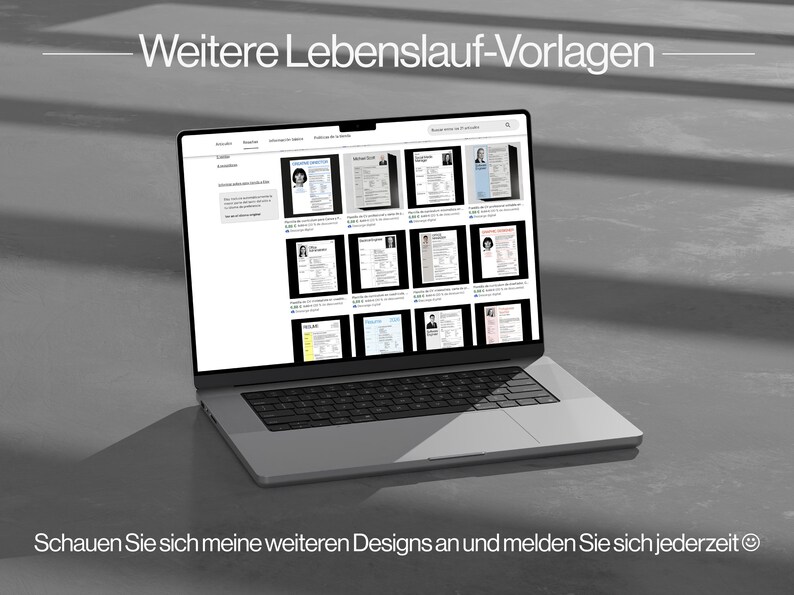 May include: A laptop displaying various resume templates. The screen shows multiple resume examples with headshots and text. The text at the top reads "Weitere Lebenslauf-Vorlagen" and at the bottom "Schauen Sie sich meine weiteren Designs an und melden Sie sich jederzeit".
