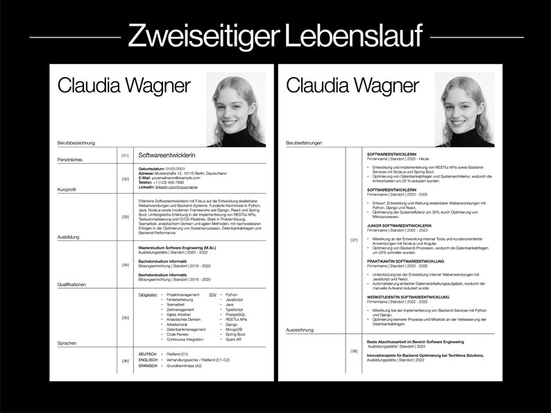 „Minimalistische Lebenslauf Vorlage Deutsch mit modernem, kreativem und schlichten Design, ideal für professionelle Bewerbungen. Diese professionelle Bewerbungsvorlage ist vollständig bearbeitbar in Mac Pages und Canva und eignet sich für kreative, moderne und strukturierte Lebensläufe. Inklusive passendem Anschreiben, ATS-freundlich, übersichtlich gestaltet und perfekt für Bewerber, die mit einer klaren, eleganten und professionellen Lebenslauf Vorlage überzeugen möchten