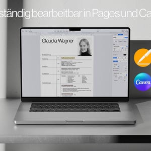 May include: A silver laptop displays a resume template with the name "Claudia Wagner." The text "Vollst&auml;ndig bearbeitbar in Pages und Canva" is at the top. A graphic with a pen and the Canva logo is on the right.