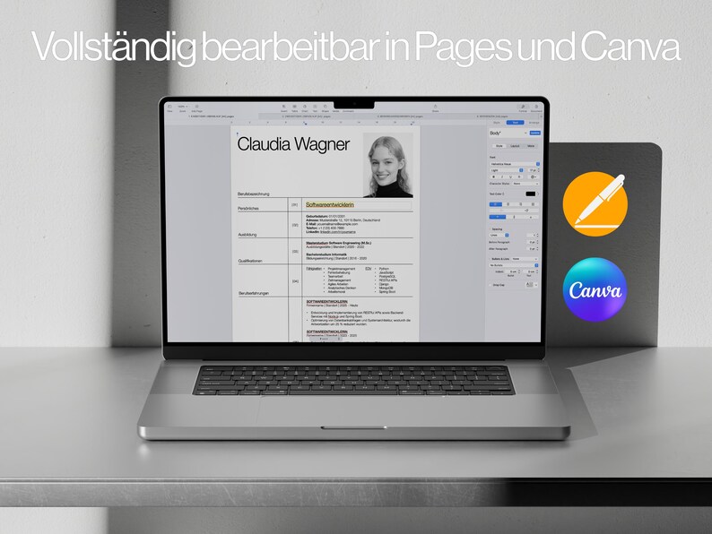 May include: A silver laptop displays a resume template with the name "Claudia Wagner." The text "Vollst&auml;ndig bearbeitbar in Pages und Canva" is at the top. A graphic with a pen and the Canva logo is on the right.
