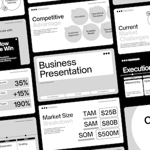 May include: A collection of business presentation slides in black, white, and gray. The slides feature titles like "Competitive Advantage," "Business Presentation," and "Market Size Breakdown." Data visualizations and text are used to convey information.
