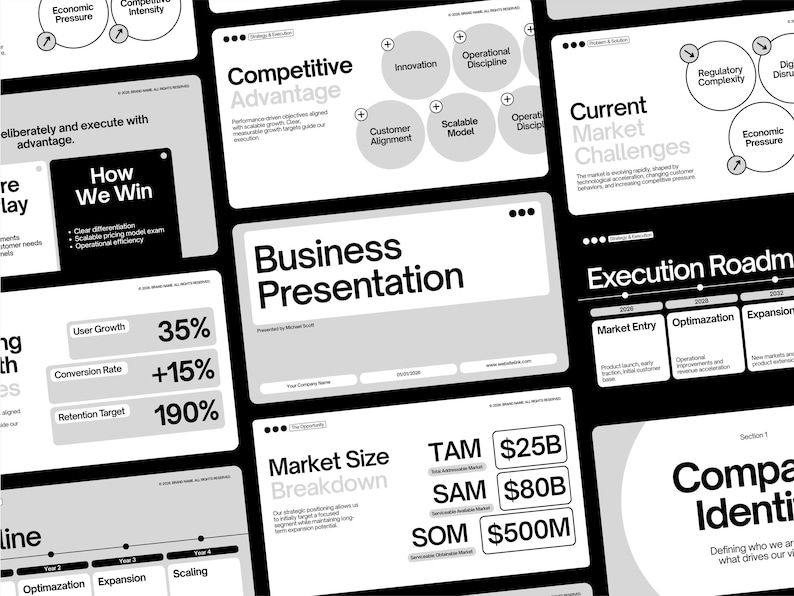 May include: A collection of business presentation slides in black, white, and gray. The slides feature titles like "Competitive Advantage," "Business Presentation," and "Market Size Breakdown." Data visualizations and text are used to convey information.