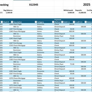 May include: A spreadsheet labeled "Checking" with transaction details for 2025. Columns include date, check number, description, category, payment method, debit, credit, and balance. The beginning balance is $1,500.00.