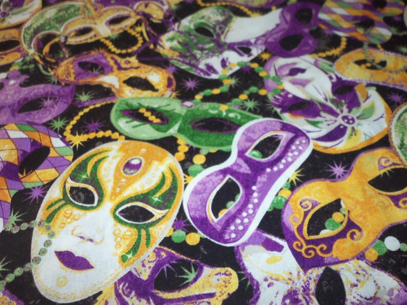Mardi Gras Fabric Mask Beads Celebration By The Fat Quarter BTFQ New