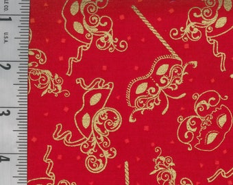 Mardi Gras Fabric Red w/ Gold Masks Cotton Fabric By Fat Quarter New BTFQ