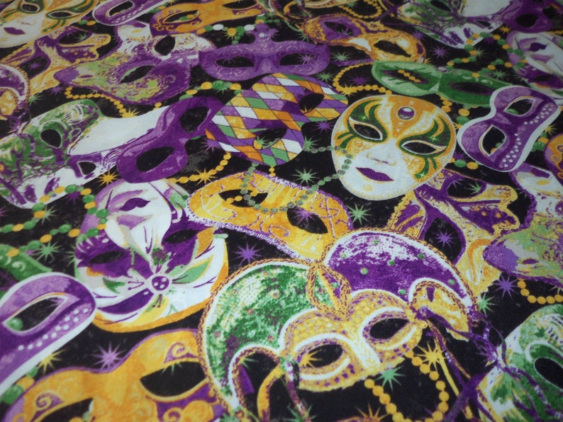 Mardi Gras Fabric Mask Beads Celebration By The Fat Quarter BTFQ New