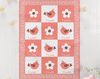 Personalized Bird and Flower  Baby Girl Blanket, Soft Newborn Gift