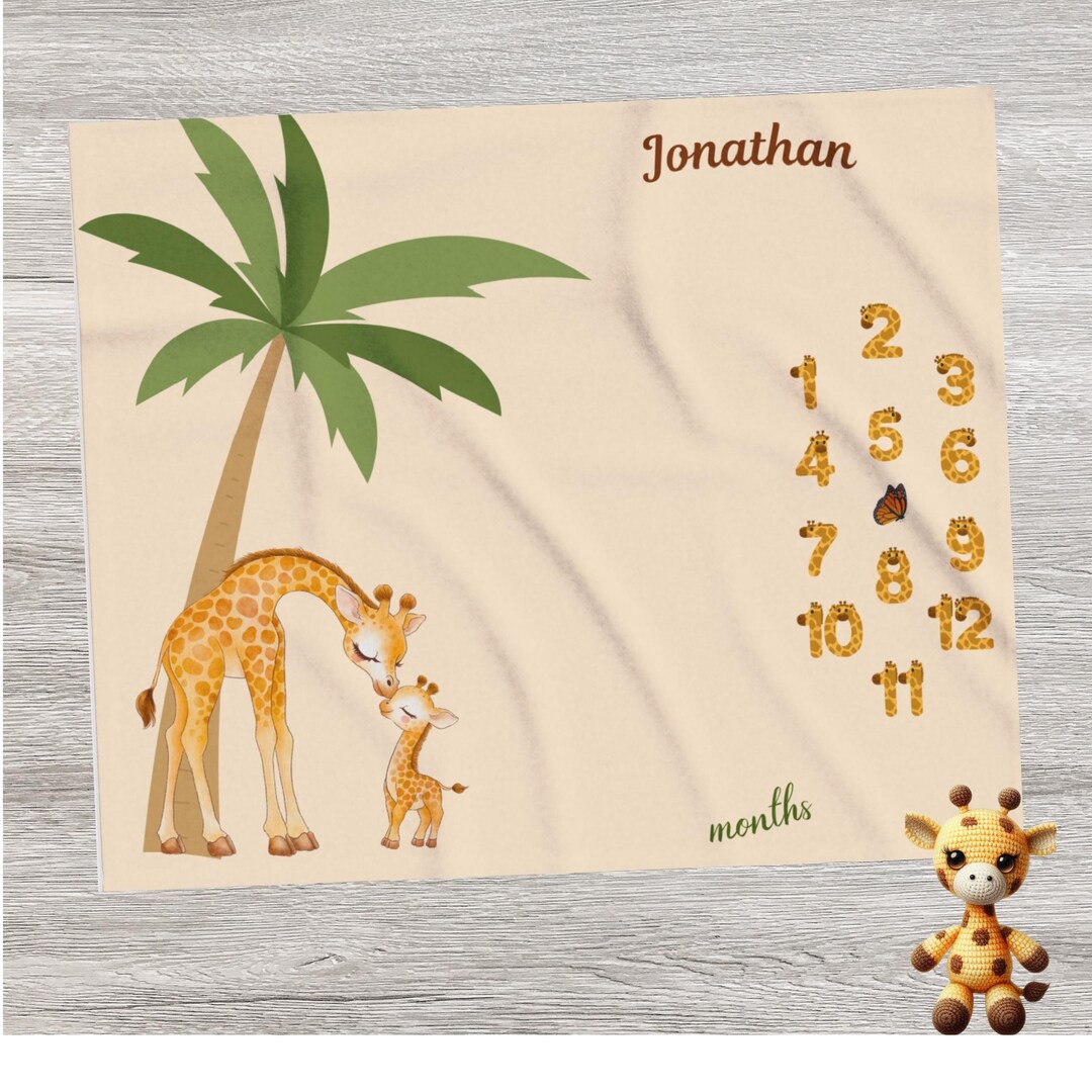 Personalized Giraffe Baby Milestone Blanket Boy, Safari Monthly Photo ...