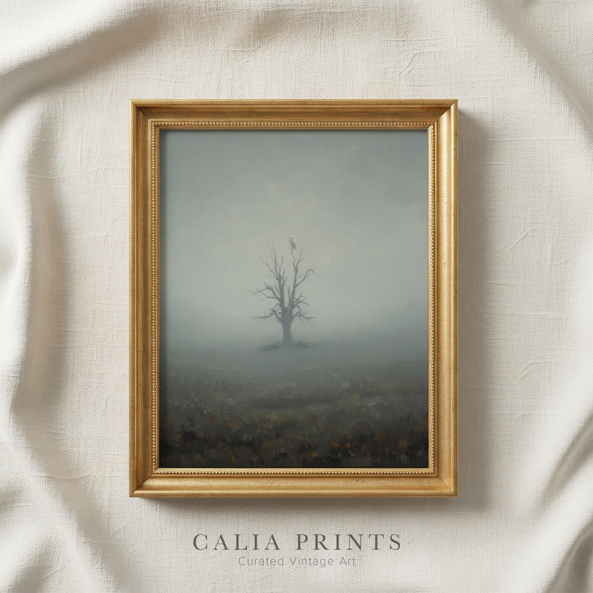 Minimalist Owl Printable Wall Art, Quiet Foggy Tree Landscape Digital Download