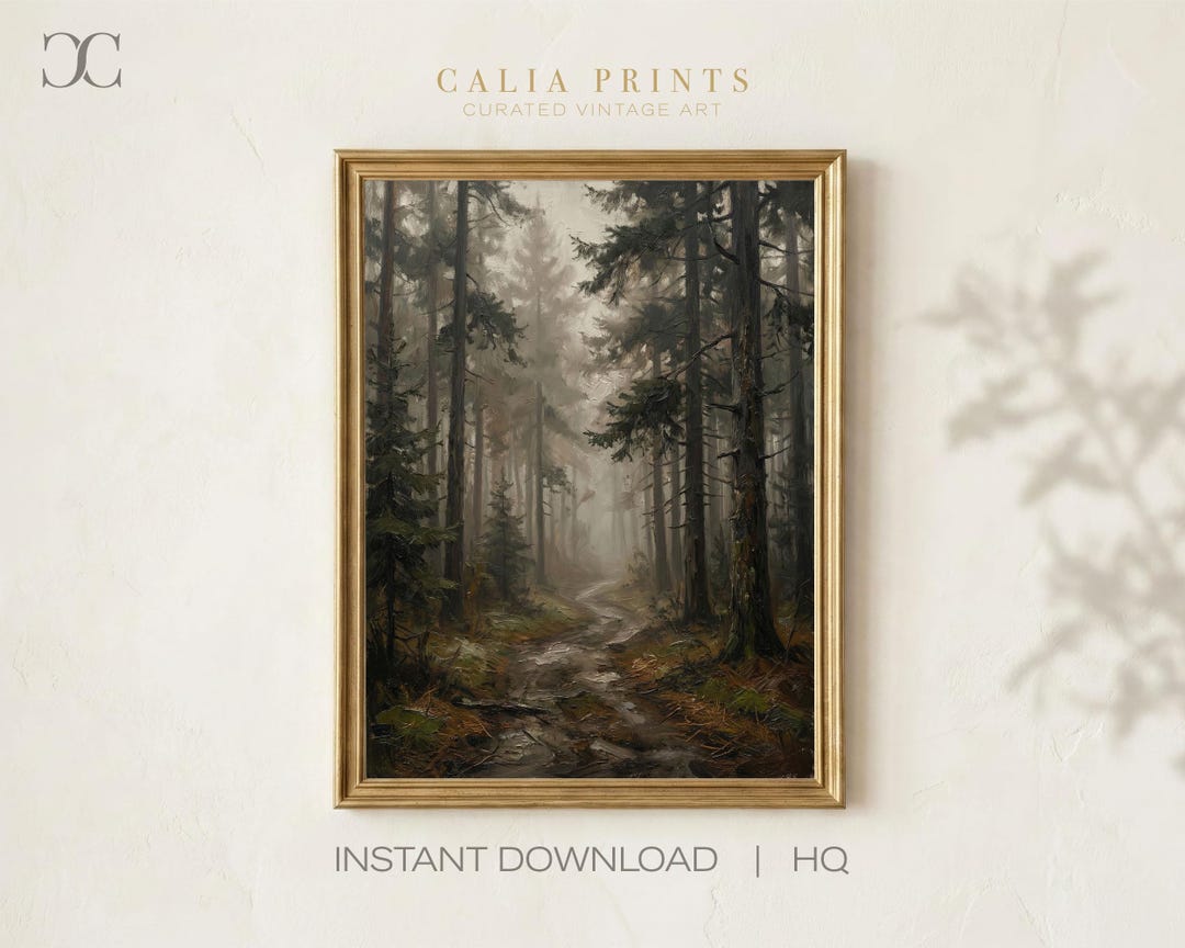 Misty Forest Path Digital Oil Painting, Moody Pine Woodland Printable ...