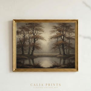 Moody Lake Landscape Print | Fall Trees Oil Painting | Dramatic Autumn Digital Wall Art
