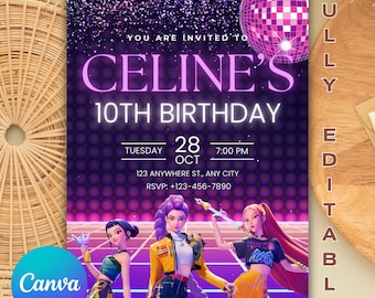 Kpop Dämonenjäger Einladung, Girls Party Invite (Canva Digital Download)