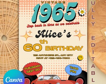 Plantilla de invitación vintage para 60 cumpleaños de 1965, con diseño de coche retro (plantilla editable en Canva)