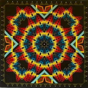 May include: A colorful quilt with a geometric pattern of red, yellow, blue, and black triangles. The quilt is made up of many smaller pieces of fabric that are sewn together to create a complex design.
