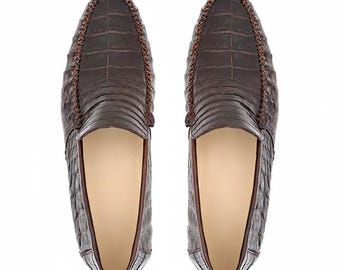 Handmade Brown Crocodile Leather Loafers for Men | Luxury Formal Dress Shoes
