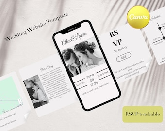 Op de afbeelding: Een digitaal trouwwebsite-sjabloon weergegeven op een smartphonescherm en verschillende witte kaarten. Het ontwerp bevat zwarte tekst, een zwart-witfoto van een koppel, een kaart, een planning en een RSVP-sectie met de datum 8 juni 2025.