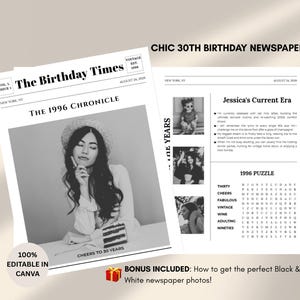 Könnte beinhalten: Eine schwarz-weiße Zeitungsvorlage mit dem Titel The Birthday Times, einem großen Foto einer Person mit Hut, dem Text The 1996 Chronicle, Cheers to 30 Years, Jessica's Current Era und einem 1996-Wortsuchrätsel. Enthält bearbeitbaren Text.