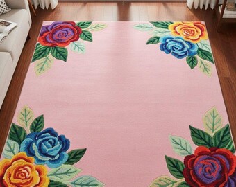 Elegante alfombra rosa con estampado floral y coloridas flores en las esquinas – Alfombra suave para sala de estar