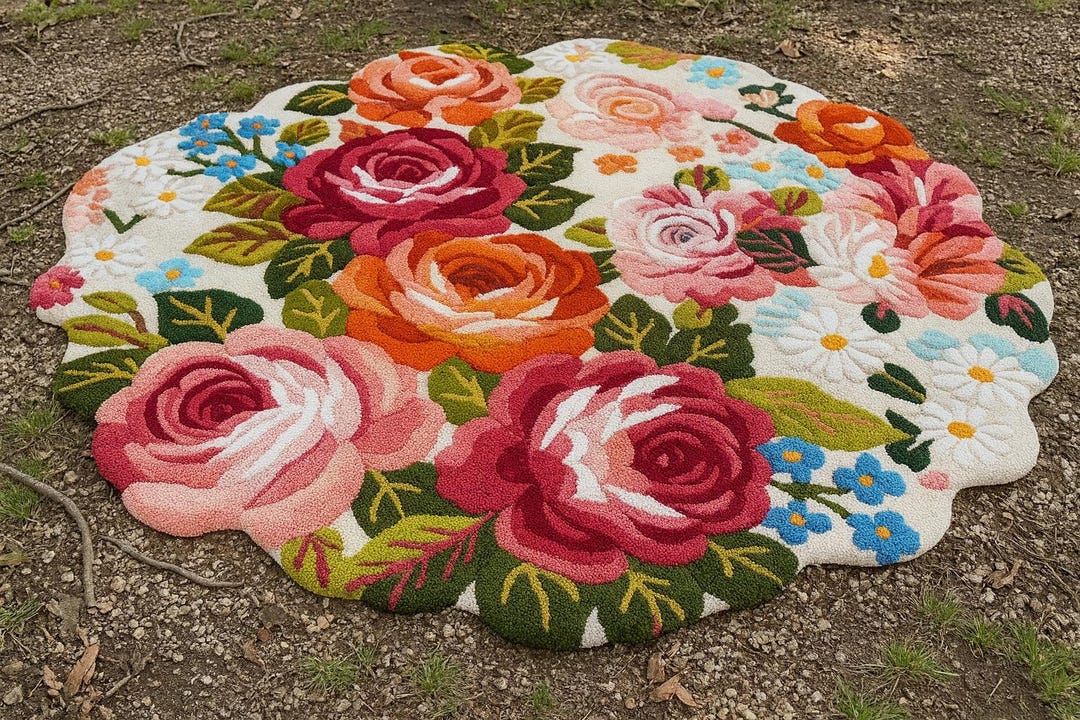 Hand-tufted Floral Bouquet Round Area Rug - Bold Pink & Red Rose Flower ...